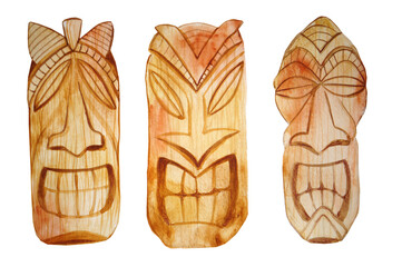 Whatercolor hawaiian tiki idols wooden mask isolated