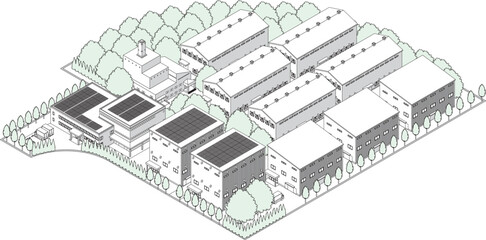 街並みの立体図. 都市の景観. 線画のイラスト.