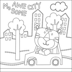 Vector illustration of funy animal driving the white car. Childish design for kids activity colouring book or page.