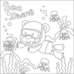 Cute animal in snorkel mask diving in the sea isolated on white background illustration vector. Childish design for kids activity colouring book or page.