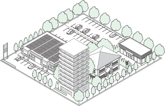 isometric buildings with parking, trees, cars clip art preview