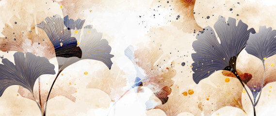 Abstract luxury art background with ginkgo leaves in blue, beige and gold tones. Botanical watercolor banner for wallpaper design, print, decor, interior design, textile, fabric, invitations.