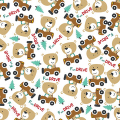 Fototapeta premium Vector illustration of funy animal driving the red car. Can be used for t-shirt print, Creative vector childish background for fabric textile, nursery wallpaper and other decoration.