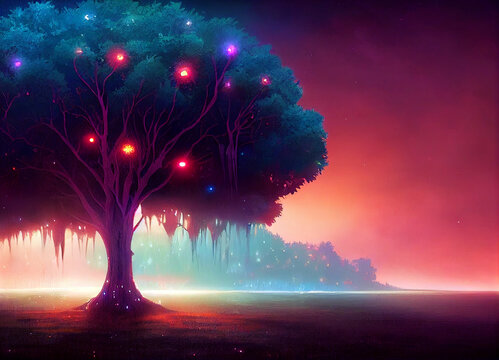 Gorgeous fantasy tree with glowing lights, fantasy colorful digital art painting background illustration. 3D illustration