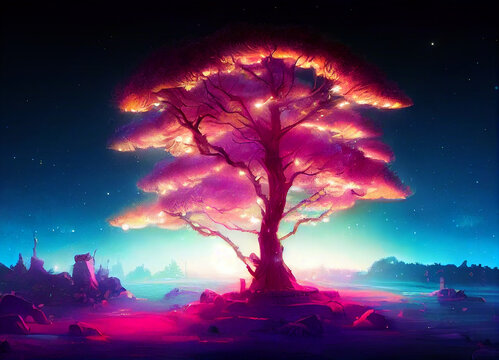 Beautiful a lonely tree with glowing lights, epic fantasy colorfully digital art painting background illustration. 3D illustration