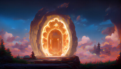 Fantasy portal in a magical place, digital art painting background. 3D illustration - obrazy, fototapety, plakaty