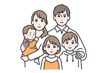 5人家族：若い夫婦と赤ちゃんと子供2人のシンプルなベクターイラスト素材