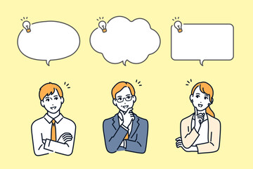 問題が解決した会社員と吹き出しのシンプルなベクターイラストセット素材
