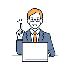 PCの前で指差しをするミドル男性のシンプルなベクターイラスト素材