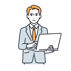 ノートパソコンを持つビジネスマンのシンプルなベクターイラスト素材