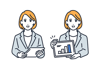 タブレット端末を持って説明するスーツの女性のシンプルなベクターイラスト素材