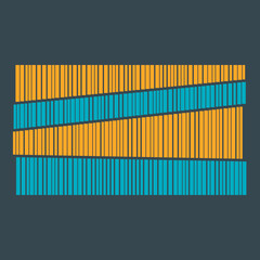 Abstract blue and orange vertical bars organized into rows that cut across at an angle on a navy background