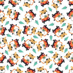 Fototapeta premium Vector illustration of funy animal driving the red car. Can be used for t-shirt print, Creative vector childish background for fabric textile, nursery wallpaper and other decoration.