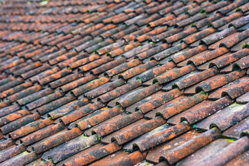 Closeup of the red clay roof tiles
