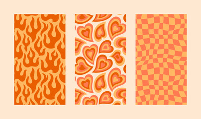 Groovy Hippie 70s Backgrounds Set. Vector Psychedelic Wallpapers: Rainbow Hearts, Checkerboards, Fires