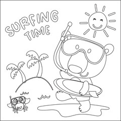 Vector illustration of cute little animal with a surfboard, Childish design for kids activity colouring book or page.