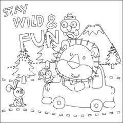 Fototapeta premium Vector illustration of funy animal driving the white car. Childish design for kids activity colouring book or page.