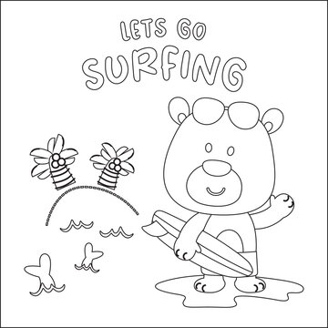 Vector illustration of cute little animal with a surfboard, Childish design for kids activity colouring book or page.