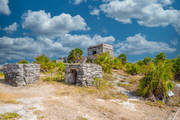 Fototapeta na wymiar Structure 45, offertories on the hill near the beach, Mayan Ruins in Tulum, Riviera Maya, Yucatan, Caribbean Sea, Mexico