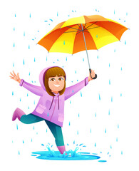 Cheerful girl with umbrella playing puddle in the rain cartoon illustration