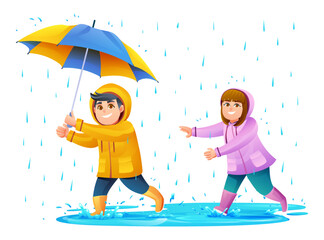 Happy boy and girl playing in the rain cartoon illustration
