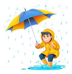 Cheerful boy with umbrella playing puddle in the rain cartoon illustration