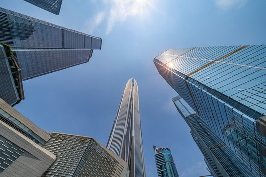 Steel Blue Glass High Rise Building Skyscrapers, Business Concept Of Successful Industrial Architecture