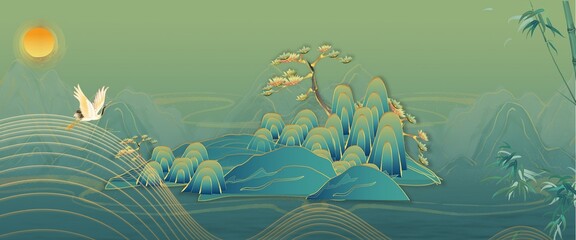 Fototapeta na wymiar Chinese classical landscape architecture landscape illustration background