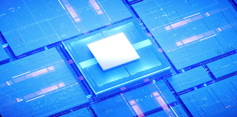Fototapeta premium 3D rendering of cyberpunk AI. Circuit board. Technology background. Central Computer Processors CPU and GPU concept. Motherboard digital chip. Tech science background.