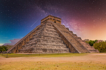 Temple Pyramid of Kukulcan El Castillo, Chichen Itza, Yucatan, Mexico, Maya civilization with Milky...