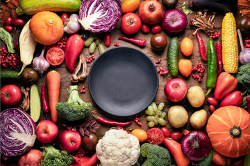 Black plate on the table with fruits and vegetables, fresh autumn harvest on a rustic wooden background top view. assortment of vegetables for healthy food.