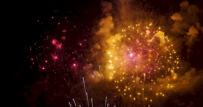 Firework celebrate anniversary happy new year 2023, 4th of july holiday festival. colorful firework in the night time to celebrate national holiday. countdown to new year 2023 party time event.
