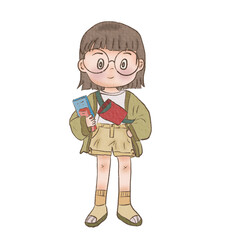 Painting girls wearing glasses and  wearing a green dress.