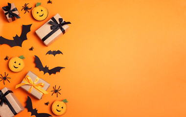 Halloween orange background with gifts, spiders, pumpkins, bats and copy space.