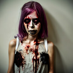 Zombie girl with colorful hair. AI generated with custom trained models, released with reference images.  - obrazy, fototapety, plakaty