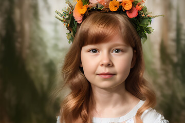 Surreal beautiful girl in autumn scenery, flower tiara on her head, looking at camera, calm. Fantasy. AI generated and model released illustration - custom trained AI models. 