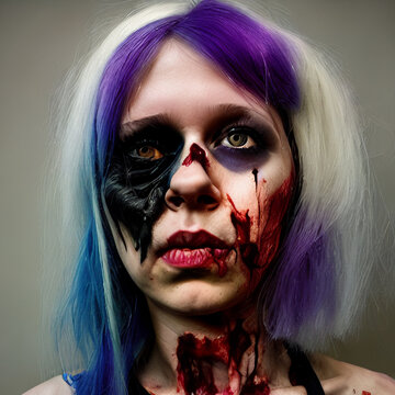 Zombie girl with colorful hair. AI generated with custom trained models, released with reference images. 