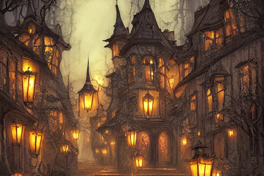 Ominous and spooky fantasy town at night, Halloween and dreary atmosphere, haunted houses and huts, witching hour. Ai generated illustrations   