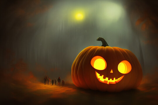 Halloween pumpkin village at night, Jack o lanterns, generated with AI. Giant pumpkins. 