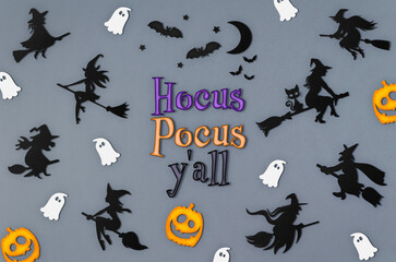 Pastel pattern made of bats, witches, little cute ghosts and jack-o'-lantern . Creative Minimal...