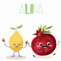 Vector illustration of funny characters, cartoons, lemon playing maracas, pomegranate having fun, funny fruits, summer vibes, at the beach party, summer sale, aloha.
