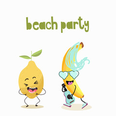 Vector illustration of funny characters, cartoons, lemon laughing, banana playing guitar, funny fruit ukulele, summer vibes, beach party.