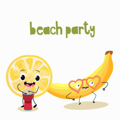 Vector illustration of funny characters, cartoons, lemon with ethnic drum, cute bana with heart shaped glasses, funny fruits, summer vibes, beach party inscription.