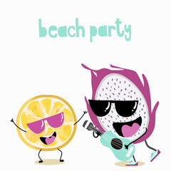 Vector illustration of funny characters, cartoons, lemon with glasses, pitaya, dragon fruit with ukulele, guitar, funny fruits, beach party inscription.
