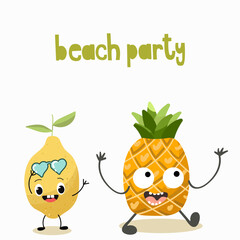 Vector illustration of funny characters, cartoons, lemon and pineapple, fun, emotional, expressive, funny fruits, beach party lettering.