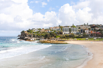 View of Bronte Beach coastline on a cloudy day, Australia