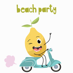 Vector illustration of funny characters, cartoons, lemon on a scooter, funny fruits, beach party lettering.