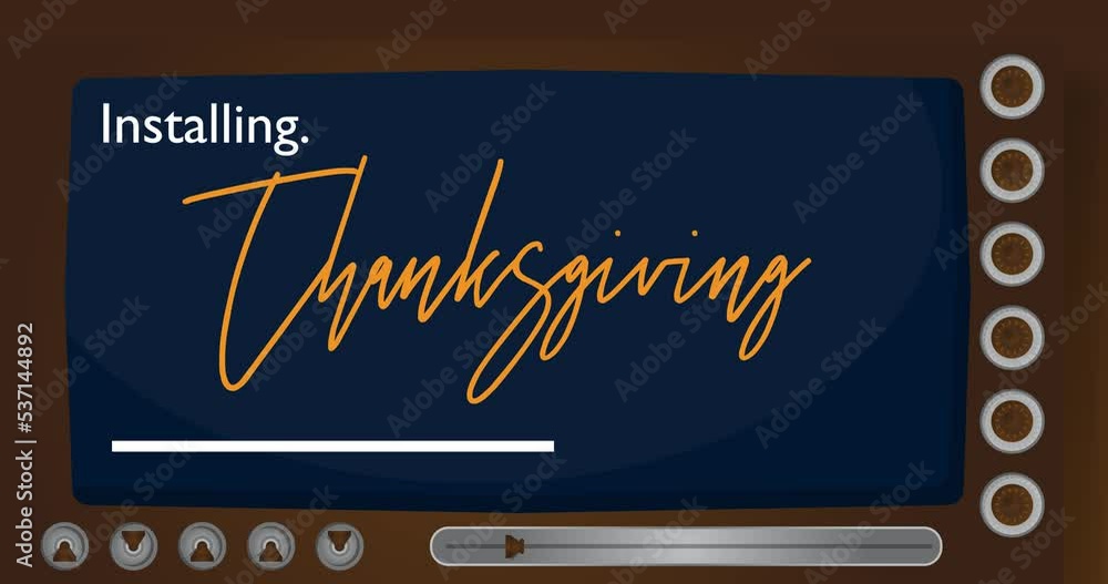 Poster cartoon computer with the word thanksgiving. video message of a screen displaying an installation wi
