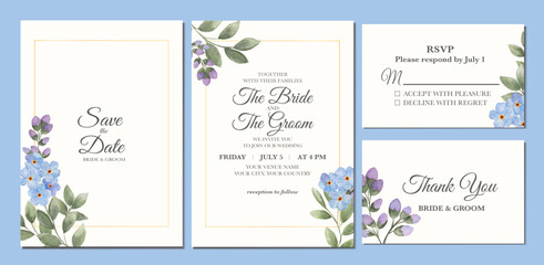 Manual painted of forget me not flower watercolor as wedding invitation.