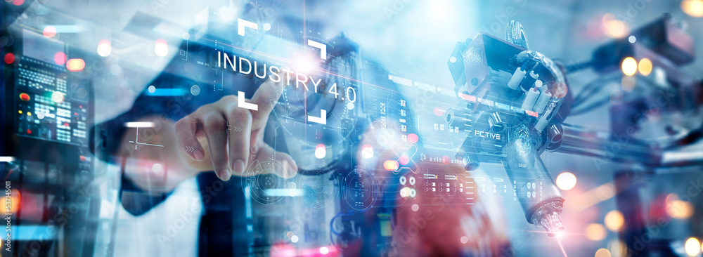 Poster Industry 4.0, software interface of automation manufacturing process of industrial revolution 4.0, Engineer control operation of Robotics arms for smart digital factory production.